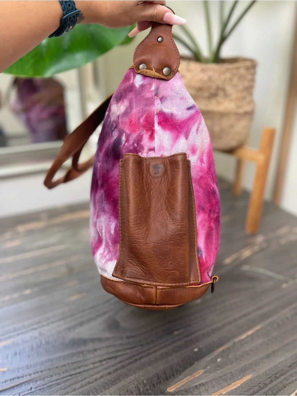 Nena & Co. Pink and Purple Tie-Dye Canvas Tote with Brown Leather Trim